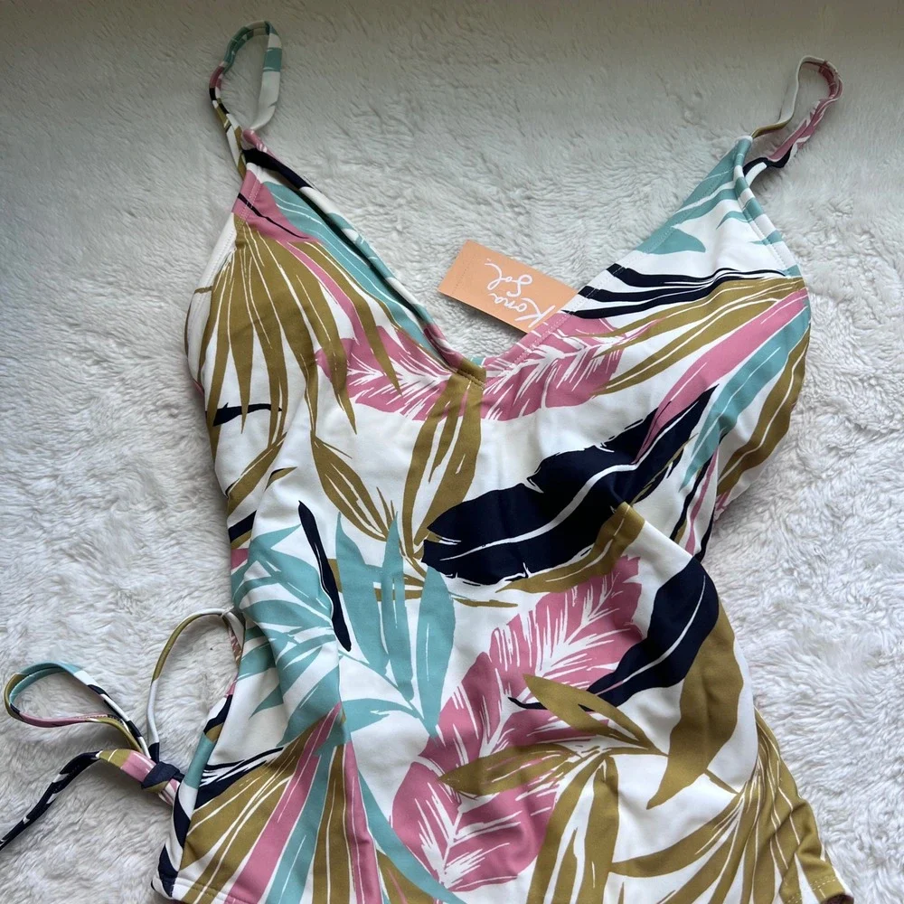 Kona Sol Womens Tropical Palm Leaf Lace Up One Piece Swimsuit Multi Color M 8-10